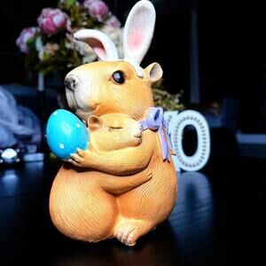 Easter Bunny Capybara Mommy & Baby Resin Statue Blue Egg Spring Decor NWT 9”